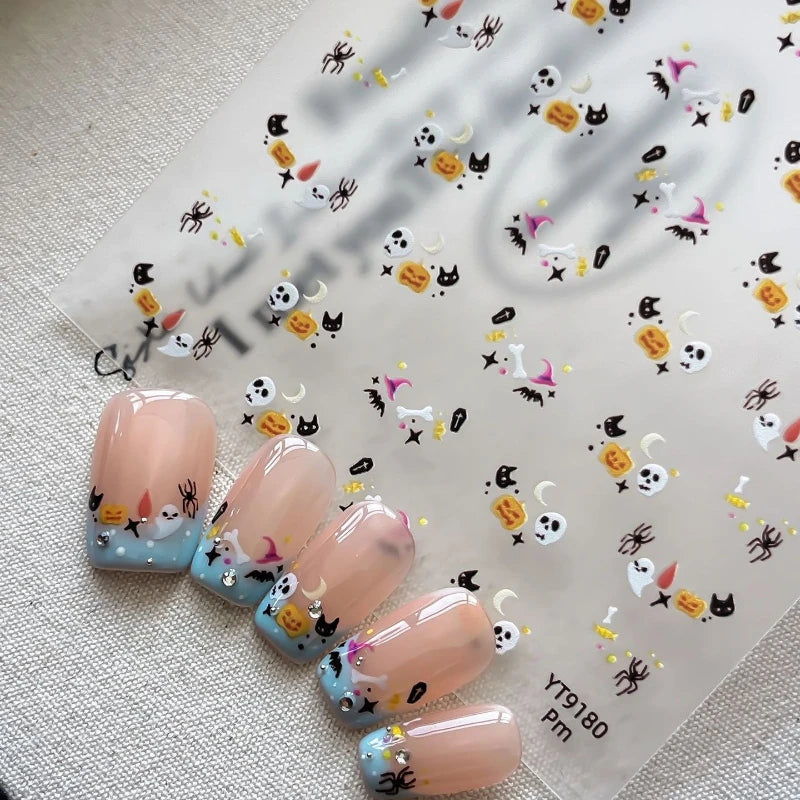 Halloween Nail Charms Stickers - Skull, Cat, Bat, Moon, Starburst, Coffin, Wizard Hat, Bones, Crescent Decor