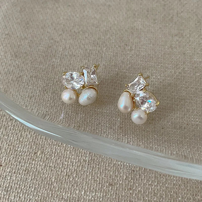 Elegant Pearl CZ Dangle Earrings for Women Bridal Jewelry Gold Plated