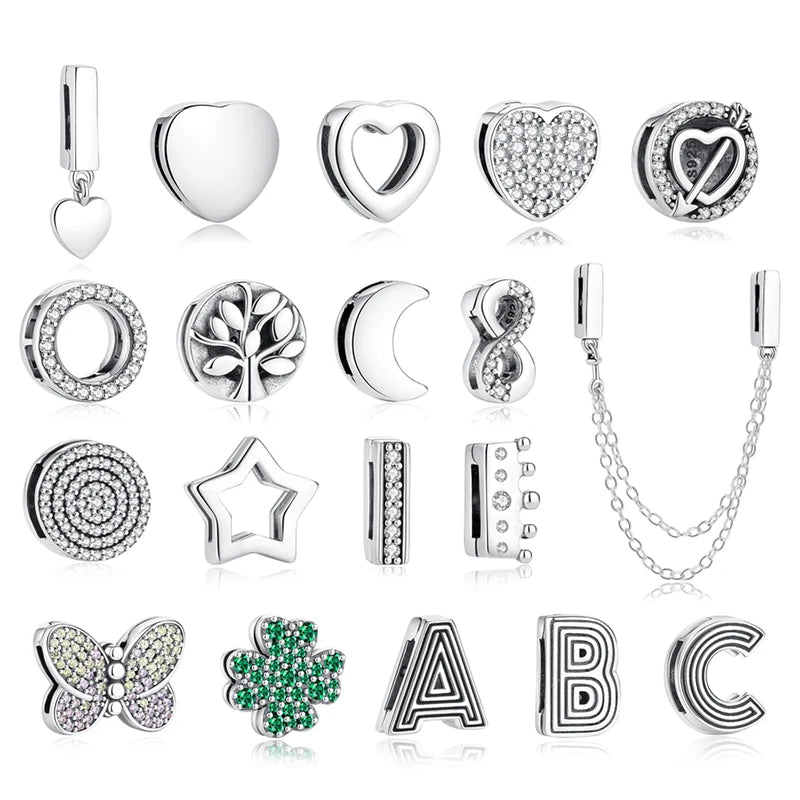 925 Sterling Silver Charm Beads Heart Butterfly Letters Fit Flat Bracelets - DIY Jewelry