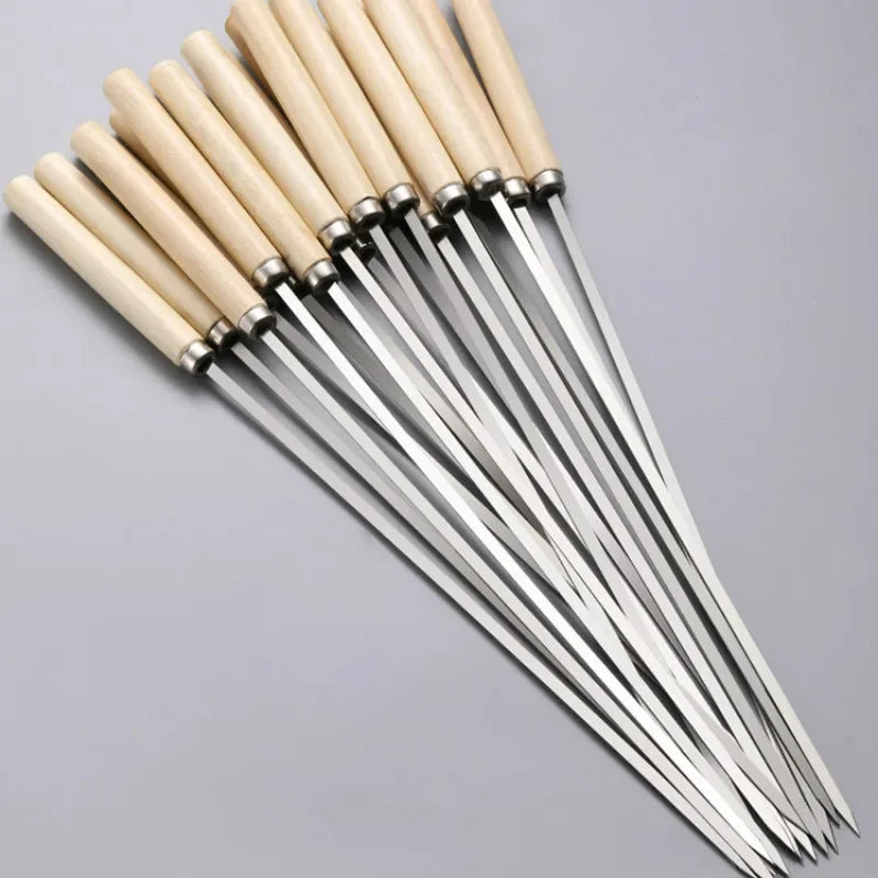 Reusable Stainless Steel BBQ Skewers with Wooden Handles - Heat-Resistant & Anti-Scalding, 5/10 Pack