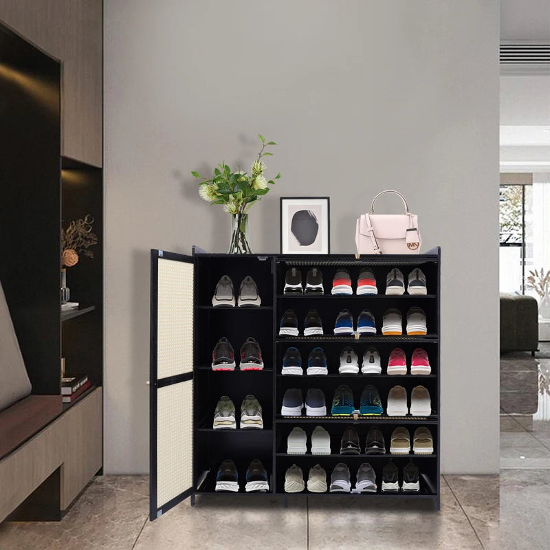 Bamboo Shoe Cabinet with Mesh Ventilation and Space Saving Doors - Entryway Organizer