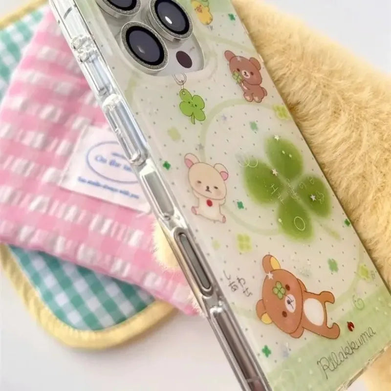 Cute Rilakkuma Four-Leaf Clover Phone Case - Protective Cover for iPhone 11-17 Pro Max