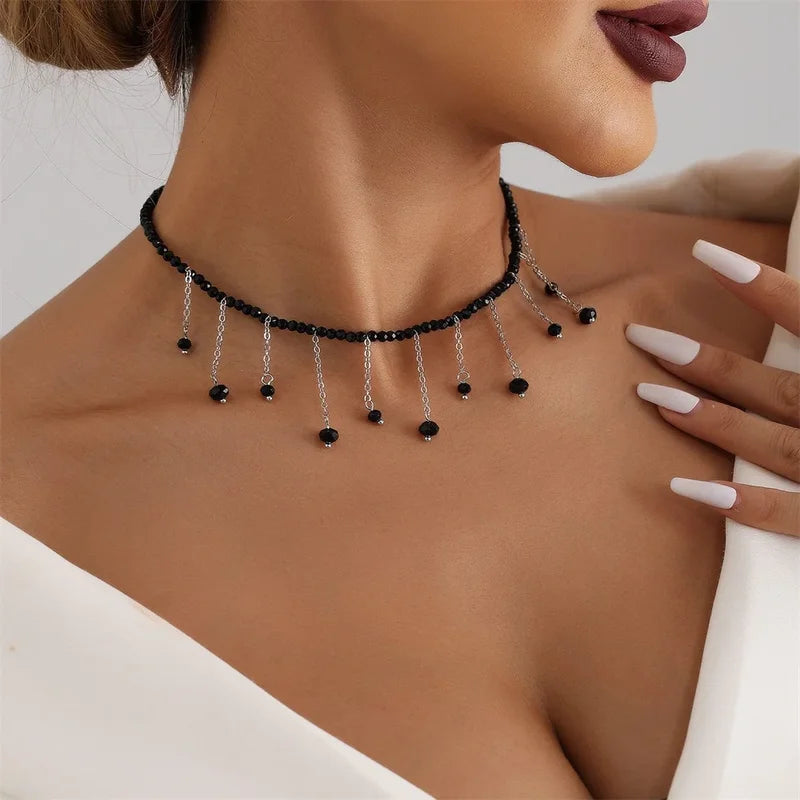 Vintage Black Bead Chain Necklace with Silver Plated Tassel Pendant for Women