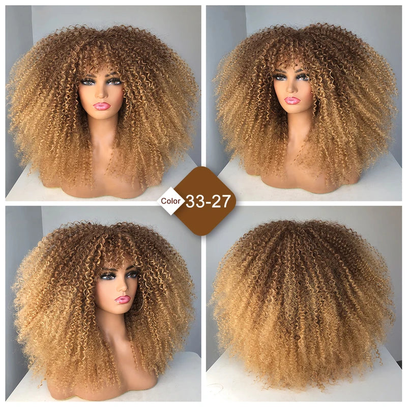 Curly Afro Wig with Bangs - Long Synthetic Curly Costume Wig for Daily Wear and Parties