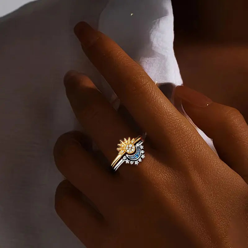 Sun and Moon Sterling Silver Ring Set for Women with Cubic Zirconia – Stackable Promise Jewelry