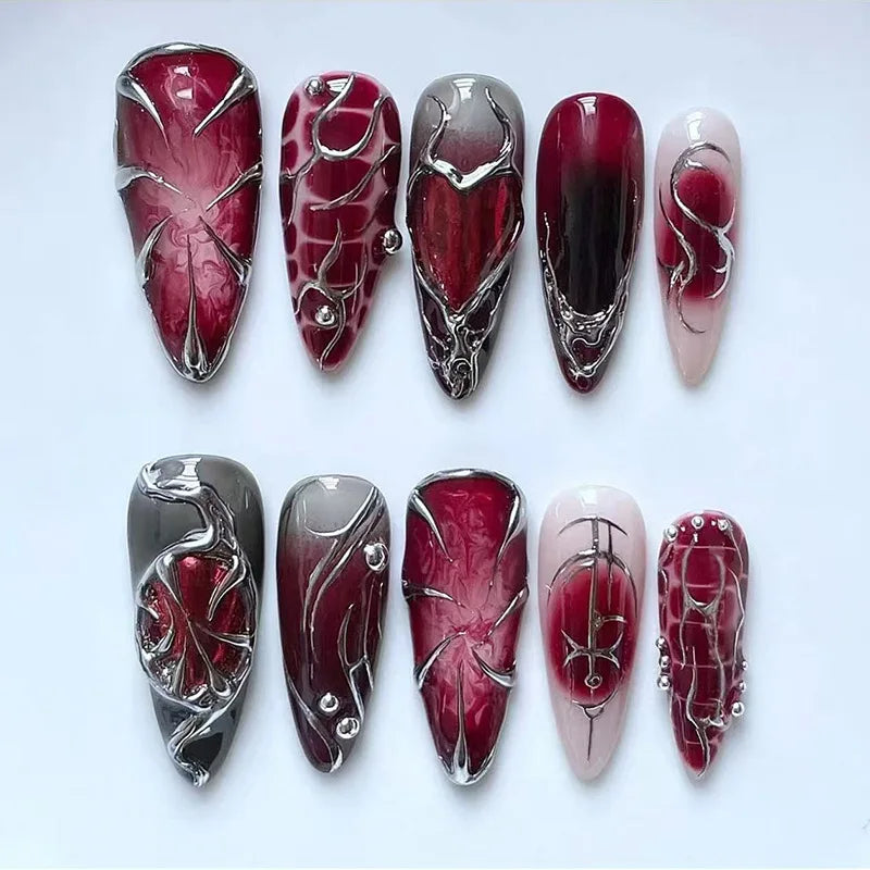 24Pcs Mysterious Red Y2K Fake Nails with Heart Design Long Almond Punk Style Press-On