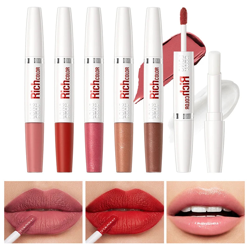 Double-Ended Lip Gloss & Lip Balm Matte Misty Surface Non-Stick Cup Transparent Lip Makeup with Mirror Water Light