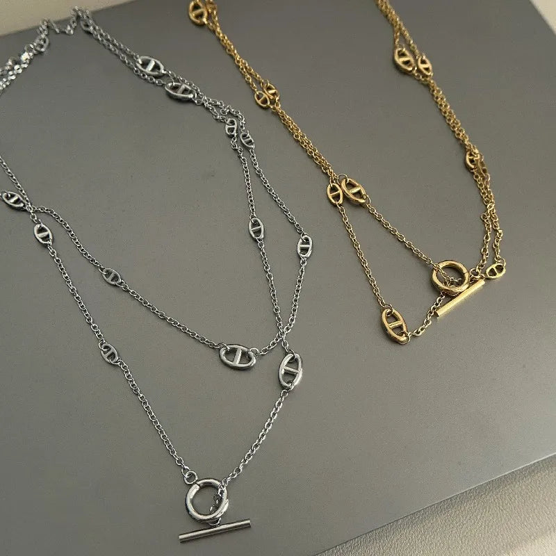 Long Layered Pig Nose Necklace for Women - Elegant Chain Jewelry