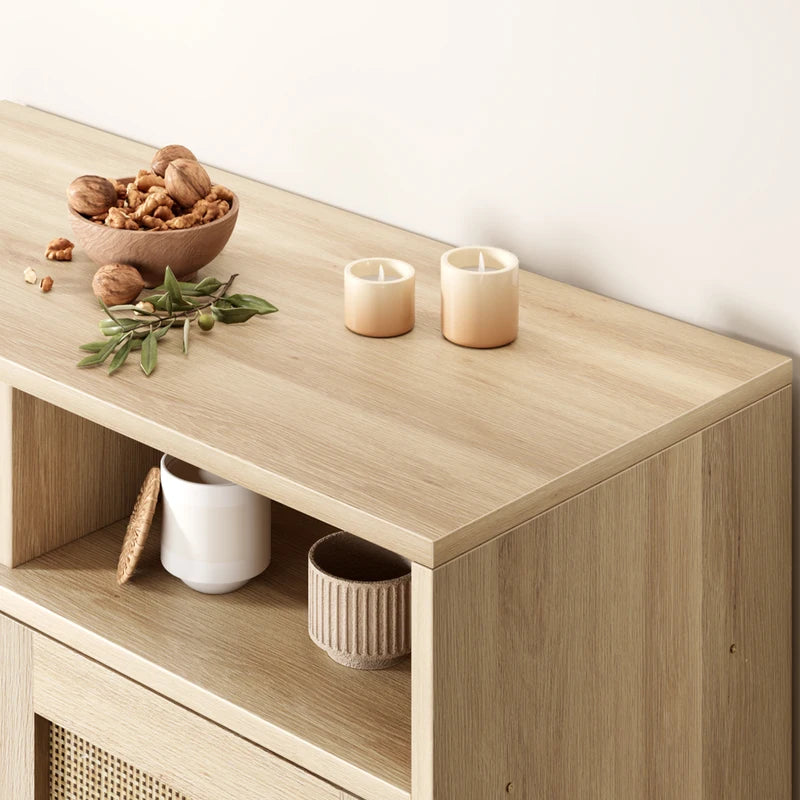 Modern Rattan Buffet Sideboard Cabinet with Shelves - Farmhouse TV Stand & Kitchen Console