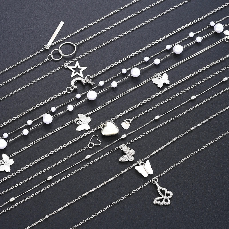 11Pcs Heart Butterfly Moon Pendant Necklace Jewelry Set for Women, Silver & Gold Colors