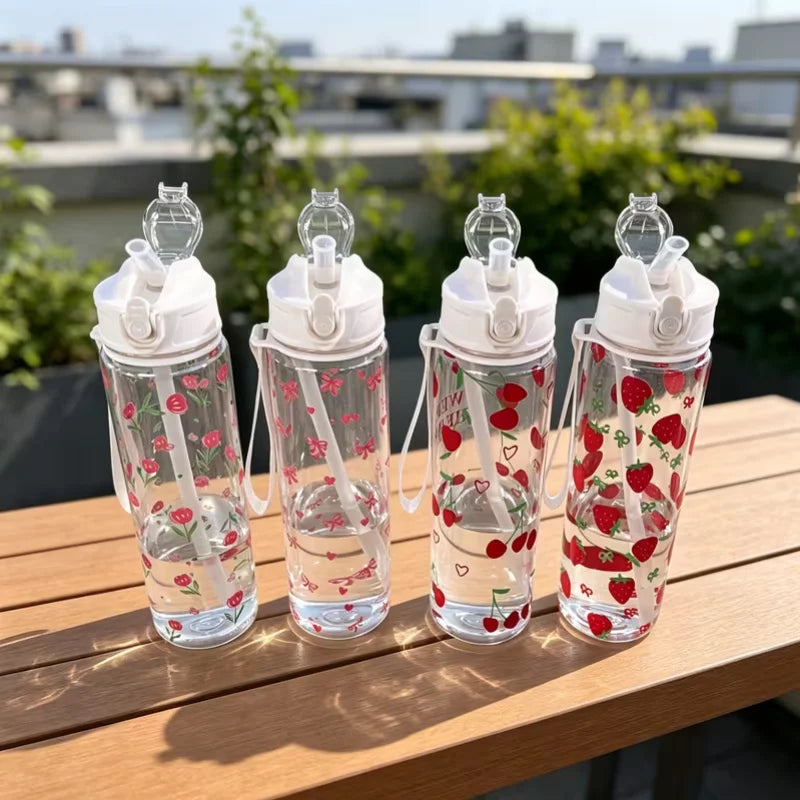 750ML Cute Strawberry Floral Cherry Bow Tumbler with Handle & Leak-Proof Lid