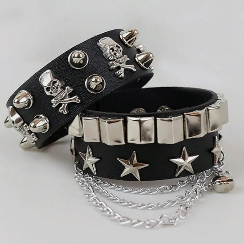 Unisex Punk Leather Bracelet Wide Cuff with Spikes Rivets Gothic Accessories
