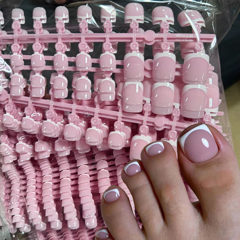 120pcs Short Square False Toe Nail Tips Pink French Gel Press On Full Cover