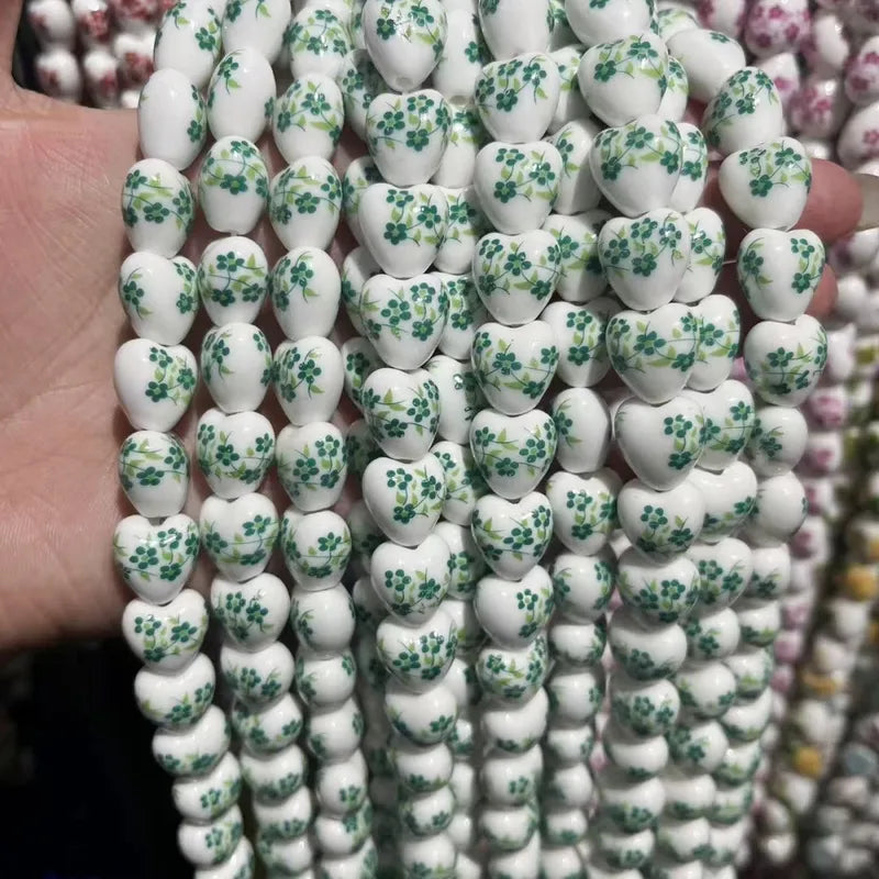 Ceramic Heart Shape Flower Pattern Beads for Jewelry Making 12mm 10pcs