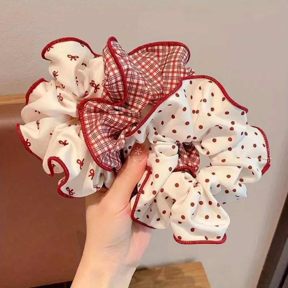 2/3pcs High End Red Cute Dot Plaid Scrunchies for Women & Girls Hair Ties