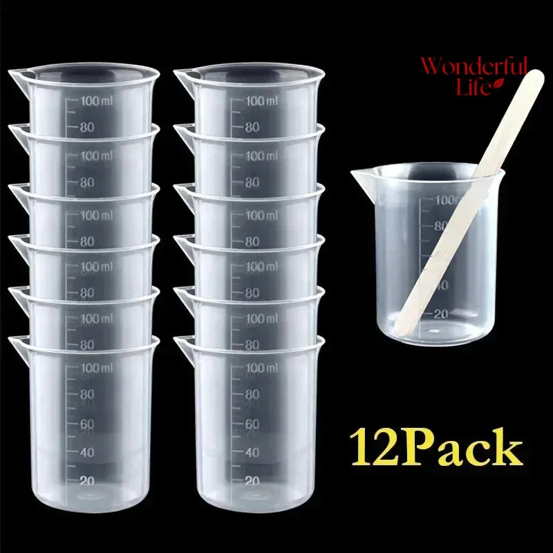 12Pcs Laboratory Measuring Cups Set 100ml Plastic Resin Mixing Beakers