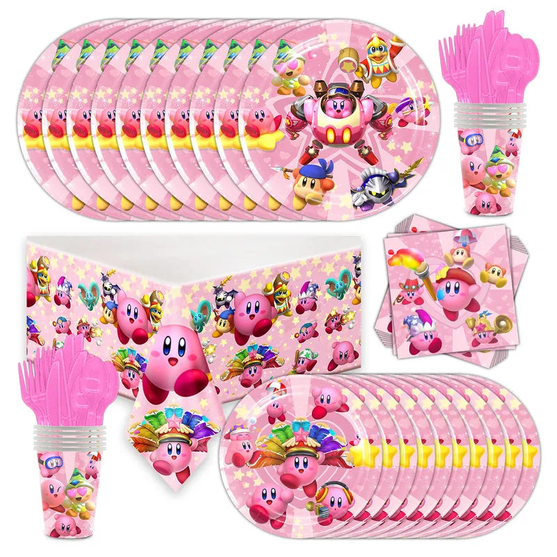 Disposable Birthday Party Cutlery and Plate Set with Banner and Balloons - Kirby Themed Celebration Supplies