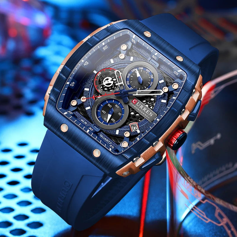 Men's Square Design Waterproof Quartz Sports Watch - Luxury Silicone Strap