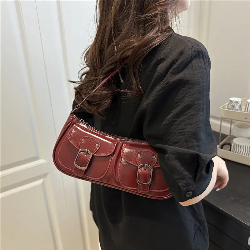 PU Leather Women's Shoulder Bag Small Double Pocket Crossbody Purse