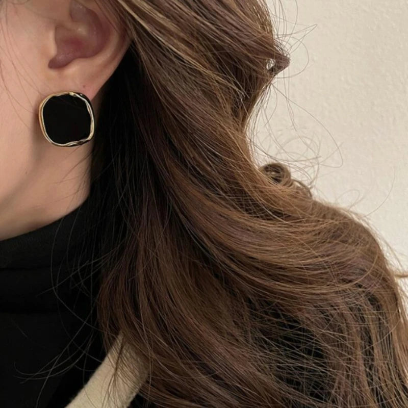 Vintage Irregular Geometry Square Stud Earrings for Women - Black Enamel, Trendy Party Jewelry