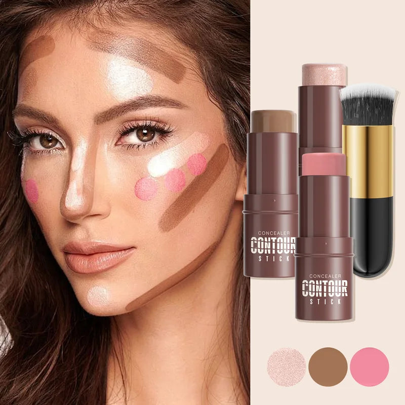 4-Piece Contour Stick Makeup Set with Highlighter Blush Bronzer & Golden Powder Brush - Waterproof Cream for All Skin Tones, Shimmery