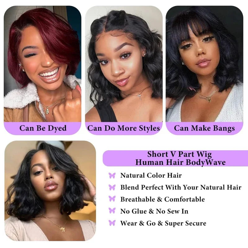 Human Hair Wigs Body Wave V Part Wigs for Black Women Glueless Lace Short Bob