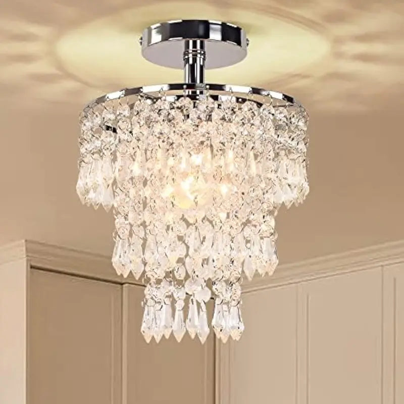 Small Crystal Chandelier LED Ceiling Lights 3 Tiers Raindrop Pendant Fixture for Bedroom Hallway Living Room, Chrome