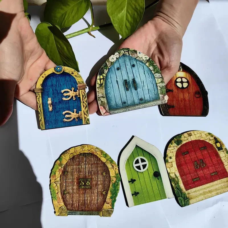 6PCS Wooden Fairy Garden Doors and Windows Set - Enchanting Dwarf Elf Miniatures for Outdoor & Indoor Decor