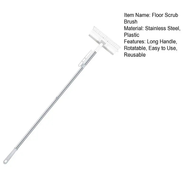 Rotatable Floor Scrub Brush with Long Handle and Squeegee for Grout and Tile Cleaning