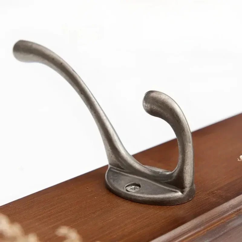 Wall-Mounted Bamboo & Zinc Alloy Coat Rack with Double Hooks - Retro Home Organizer