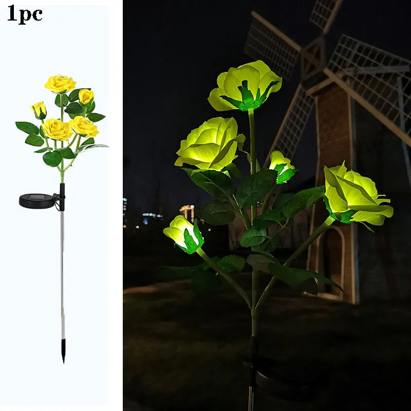 Solar LED Garden Ground Light with Artificial Rose Flower for Outdoor Yard Patio Decoration
