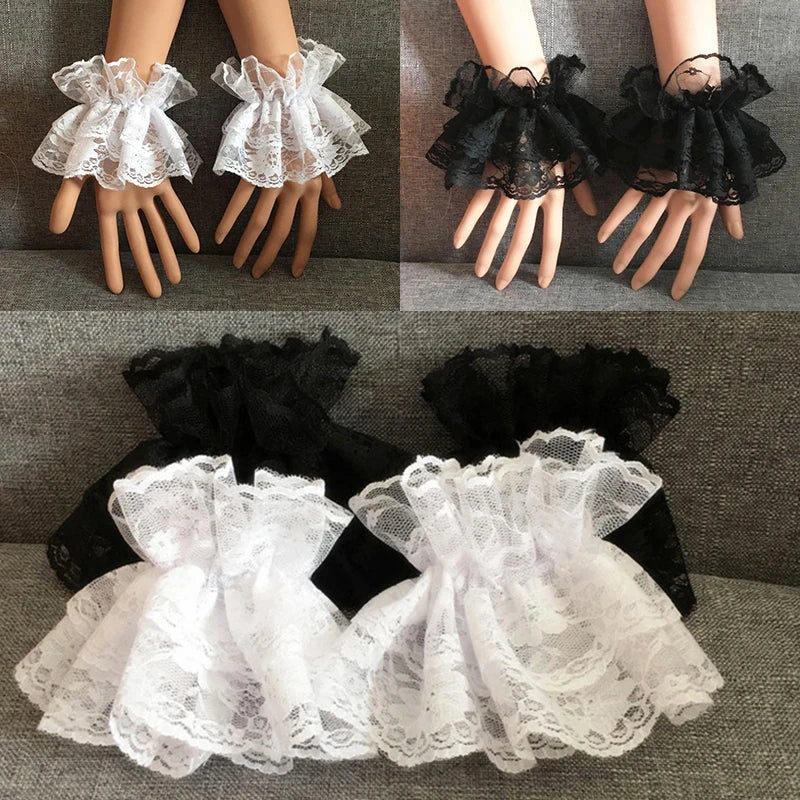 Elegant Lace Wrist Cuffs - Ruffled Floral Short Gloves for Women & Girls