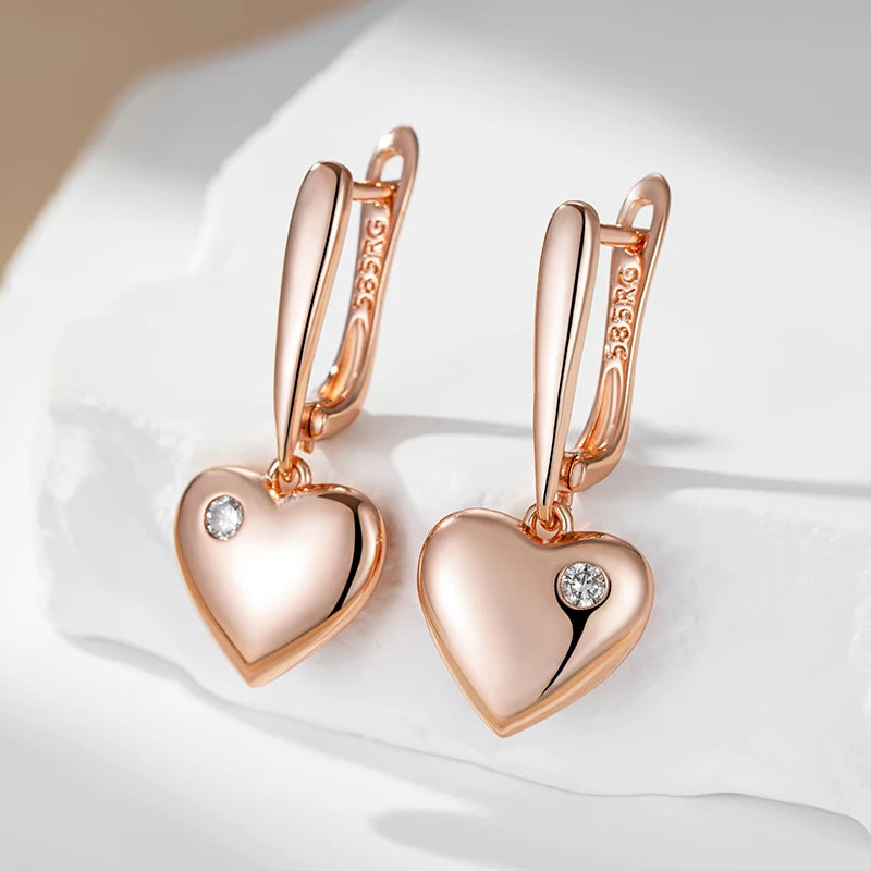 Luxury Heart Drop Earrings with Natural Zircon in Rose Gold for Women