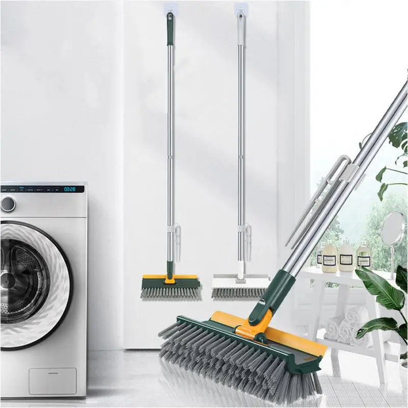 Rotatable Floor Scrub Brush with Long Handle and Squeegee for Grout and Tile Cleaning