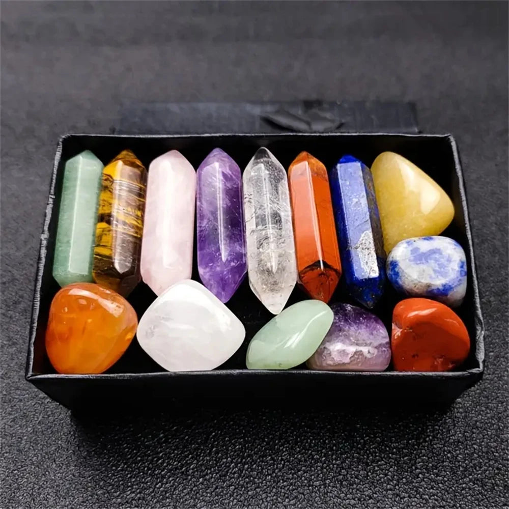 14-Piece Crystal Chakra Healing Stones Set with Rose Quartz Hexagon Gems for Meditation & Bedroom Decor