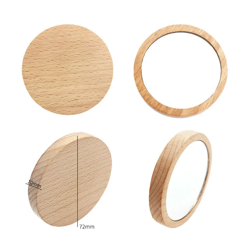 Mini Wooden Makeup Mirror Set - Portable Round Cosmetic Reflectors for Women