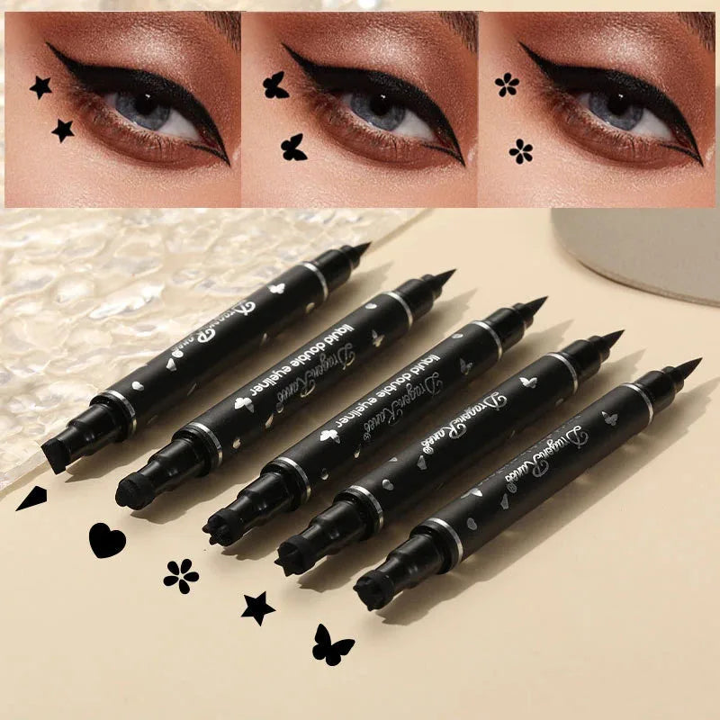 Double-Ended Waterproof Eyeliner Pen with Heart & Star Stamp - Quick-Dry Liquid Eye Makeup
