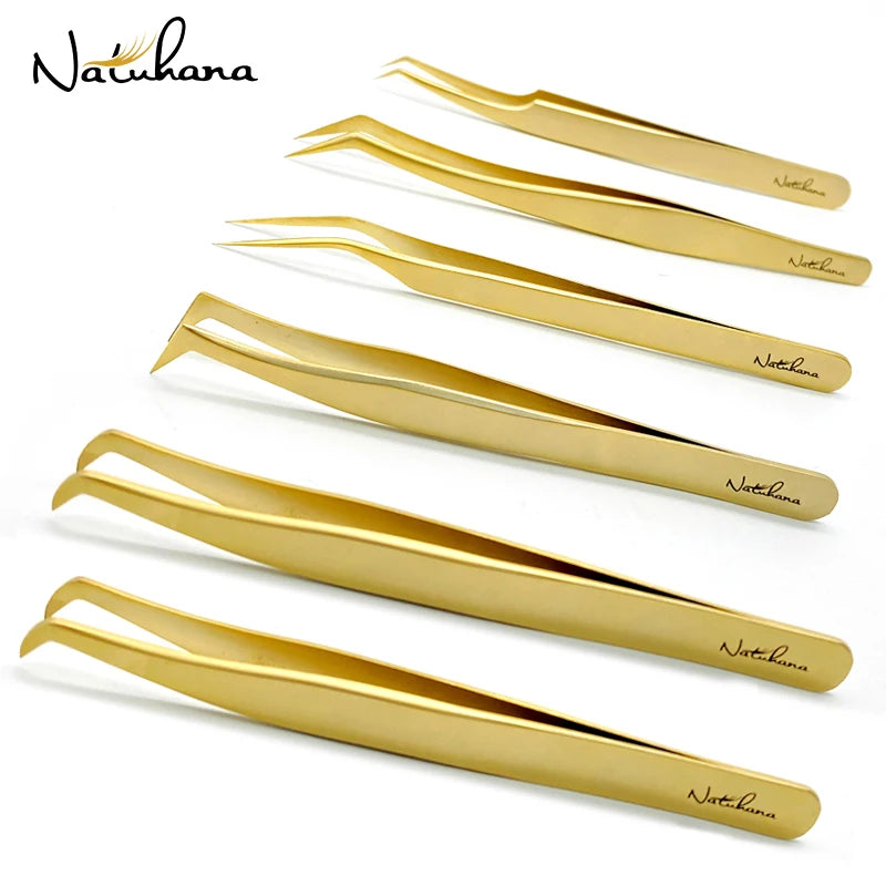 Anti-Static Eyelash Extension Tweezers - Professional Gold Stainless Steel for Volume Fans