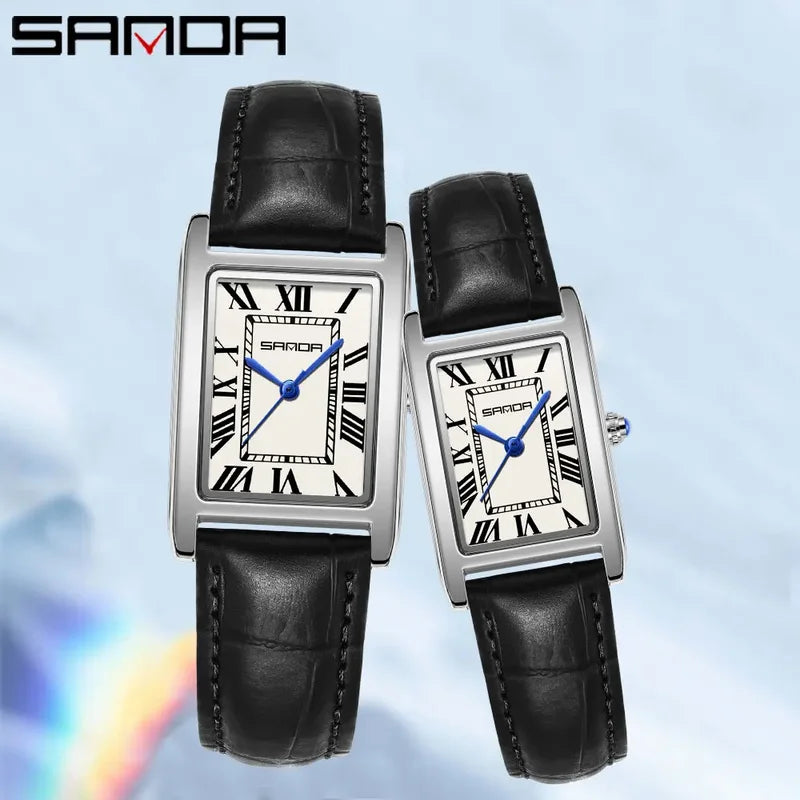 Luxury Couple Quartz Watches with Waterproof Sport Leather Strap - Square Dial