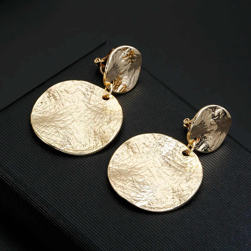 Vintage Metal Textured Round Disc Earrings - Geometric Statement Clip-Ons