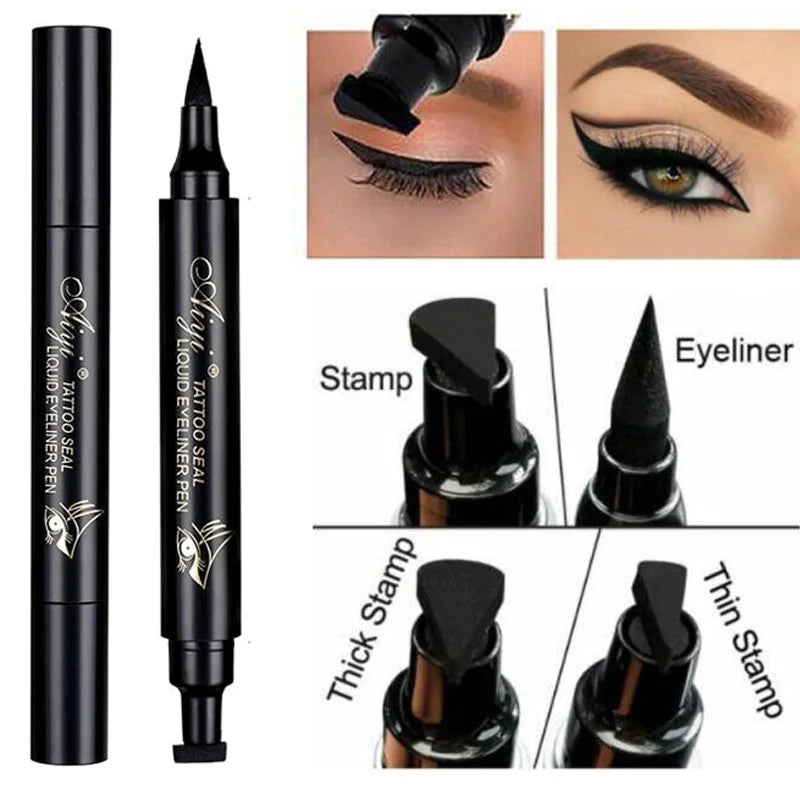 Double-Ended Waterproof Liquid Eyeliner Stamp Pen - Fast-Drying, Smudge-Proof, Long-Lasting Black