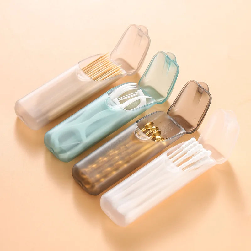 Portable Travel Mini Transparent Dental Floss Storage Box with Toothpicks Cotton Swabs