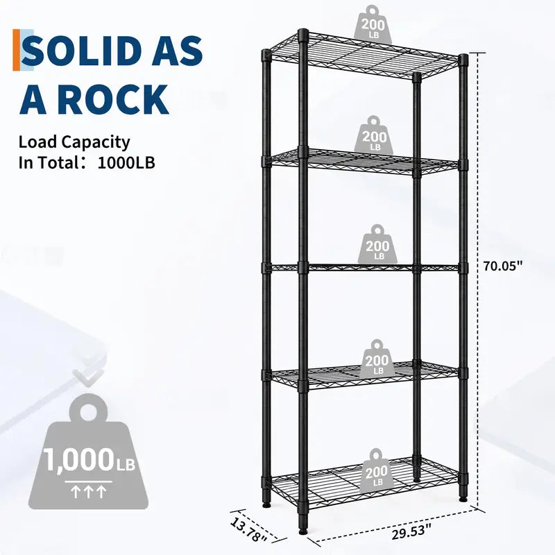 Heavy-Duty 4-Tier Steel Garage Storage Shelves - Adjustable Wire Racks, Black, 72" H