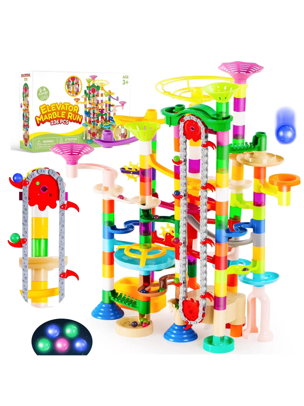 Glow-in-The-Dark Marble Run Construction Set with Motorized Elevator for Kids 4-8