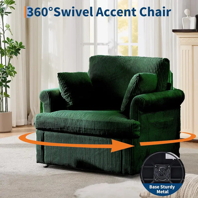 39-Inch Modern Swivel Accent Chair with Corduroy Upholstery & 2 Pillows