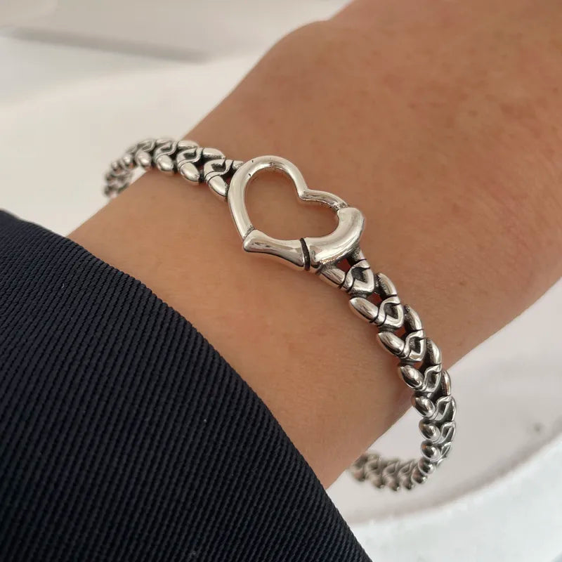 Solid 925 Sterling Silver Heart Chain Bracelet for Women Vintage Handmade Jewelry