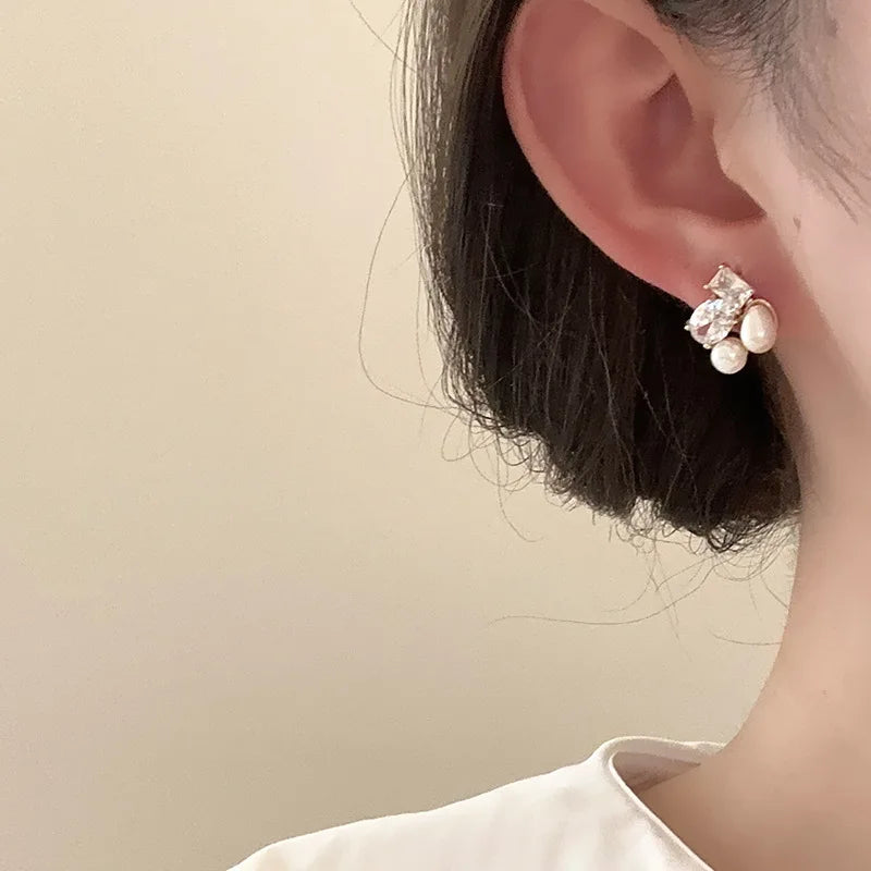 Elegant Pearl CZ Dangle Earrings for Women Bridal Jewelry Gold Plated