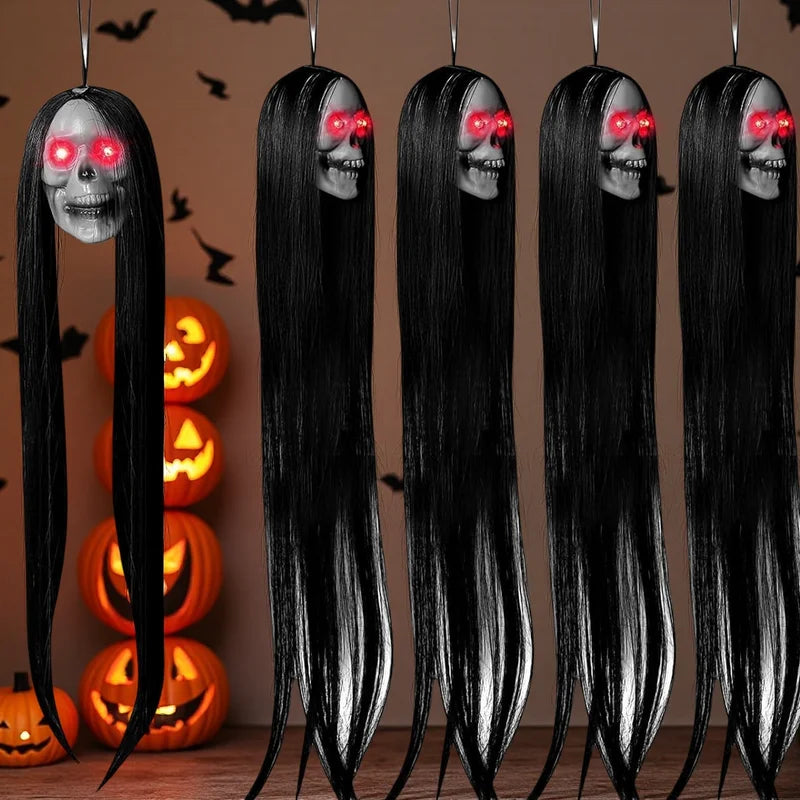 Halloween Hanging Ghost Skull with Glowing Eyes & Long Hair - Terror Skeleton Prop for Haunted House Decor