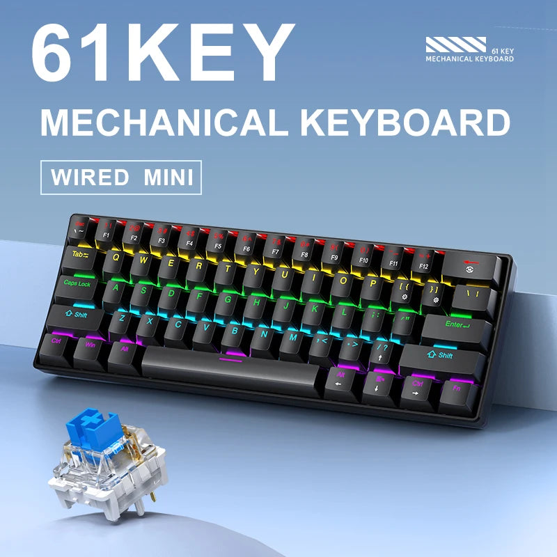 Mini Wired Gaming Mechanical Keyboard 61 Keys RGB Backlit Compact for PC Laptop