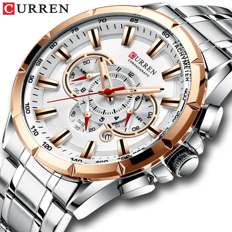 Men's Casual Sport Chronograph Watch with Stainless Steel Band and Big Dial